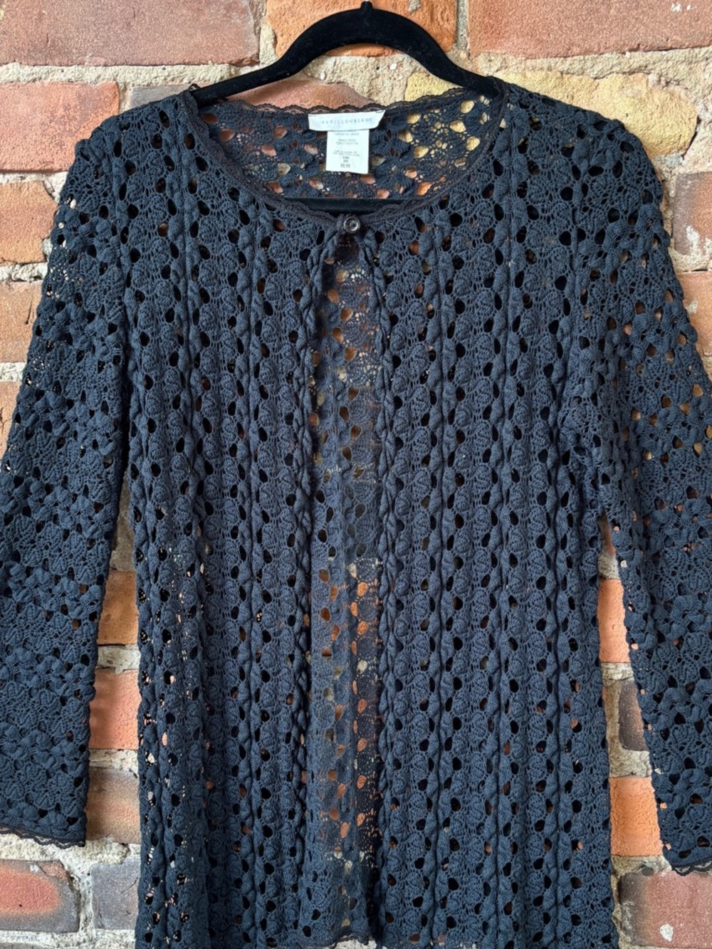Papillon Blanc Black Crochet Openwork Cardigan with Button Snap. Size:M